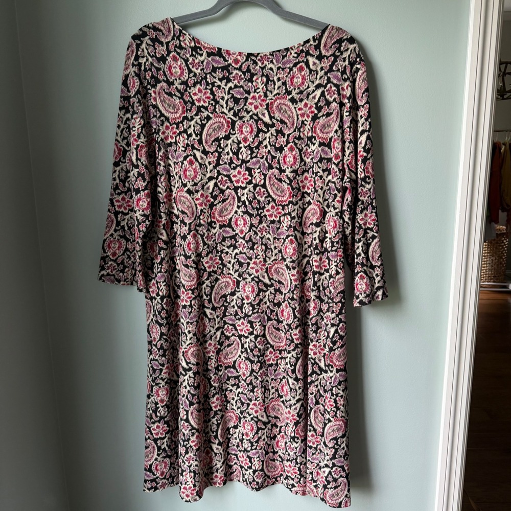 J. Jill Wearever‎ Dress Pink Purple Paisley Floral 3/4 Sleeve Swing Travel Large